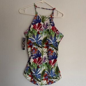 Hapari White Tropical Floral Halter Tank with Blue & Red Accents